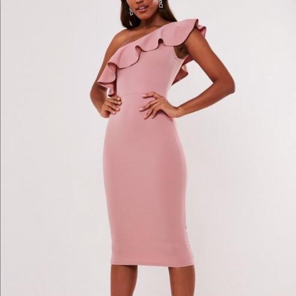 one shoulder ruffle midi dress